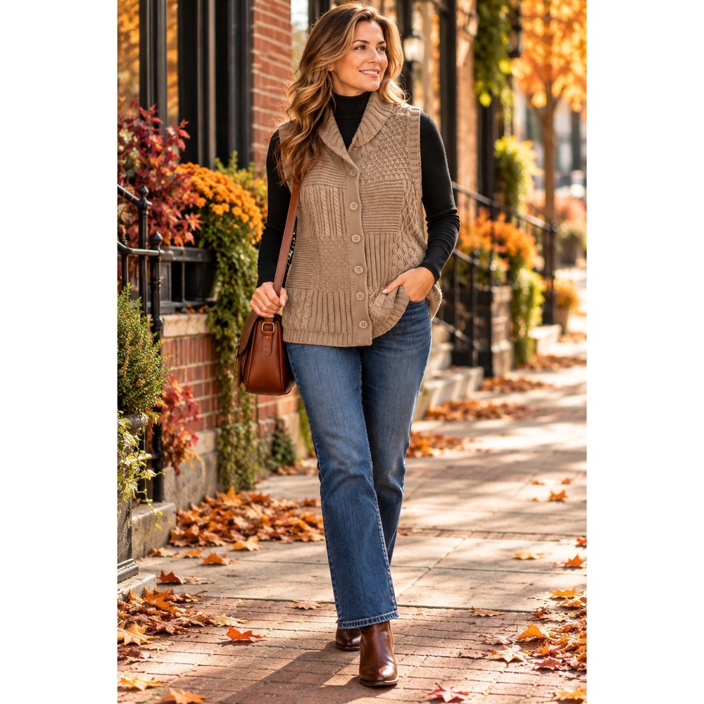 Liz Claiborne Women's Beige Cable Knit Button Front Mock Neck Sweater Vest